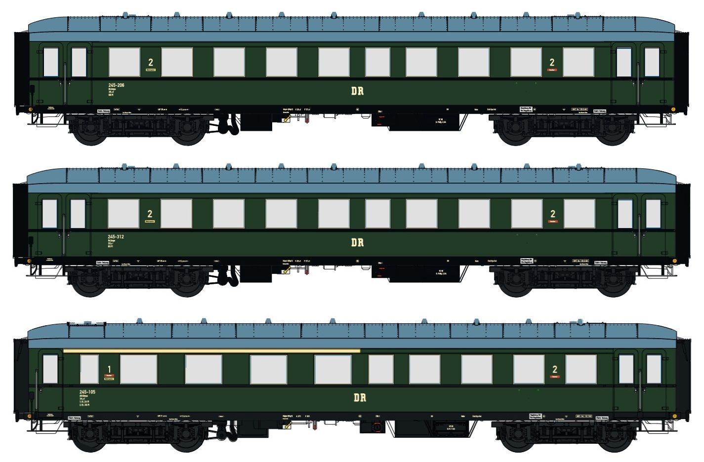 Set besteht aus: 2x 2.Klasse - 1x 1/2.Klasse neue Nummern; Eilzugwagen 2x Bühe u. 1x ABühe, DRost, Flaschengrün, Ep. III, Magdeburg